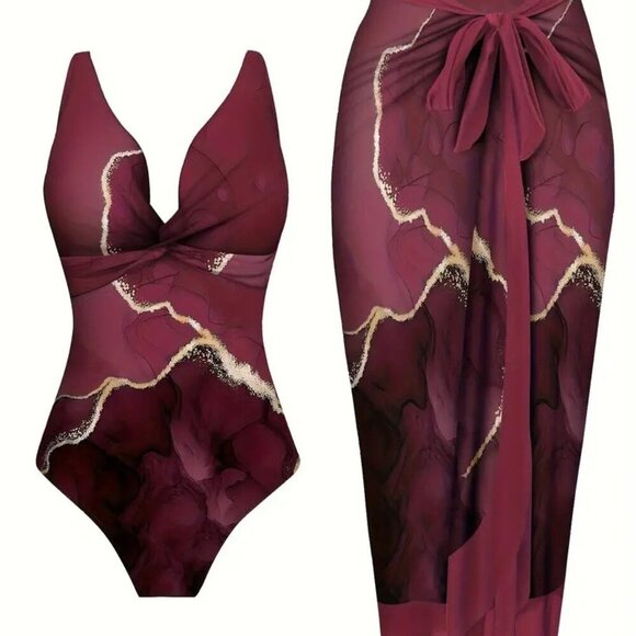 Elegant Pool Party Beachwear Set (Color: Deep Burgundy) - Picture 1 of 5